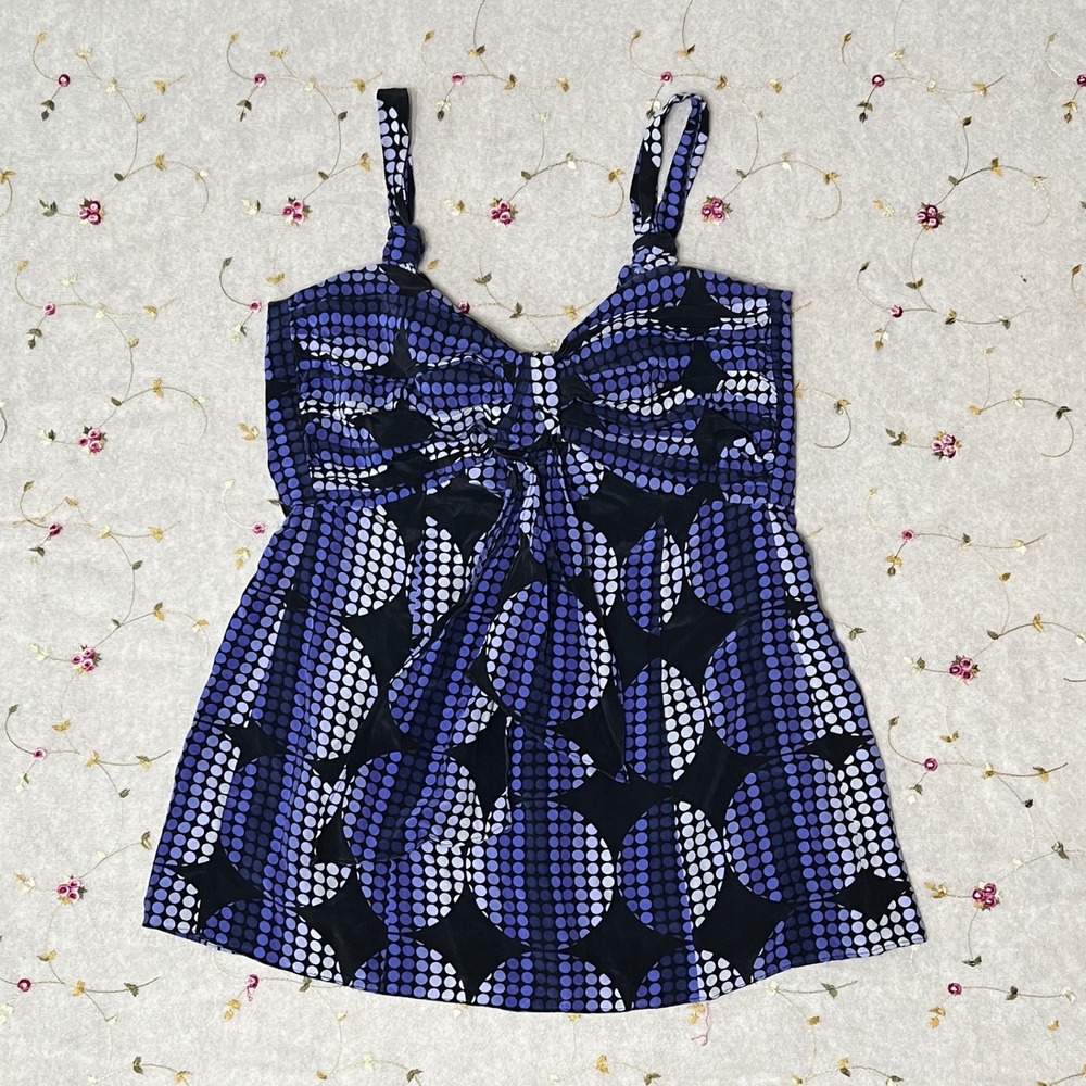 Y2K 100% Silk Babydoll Camisole Tank Top Blue Geometric‎ Polka Dot Size Small